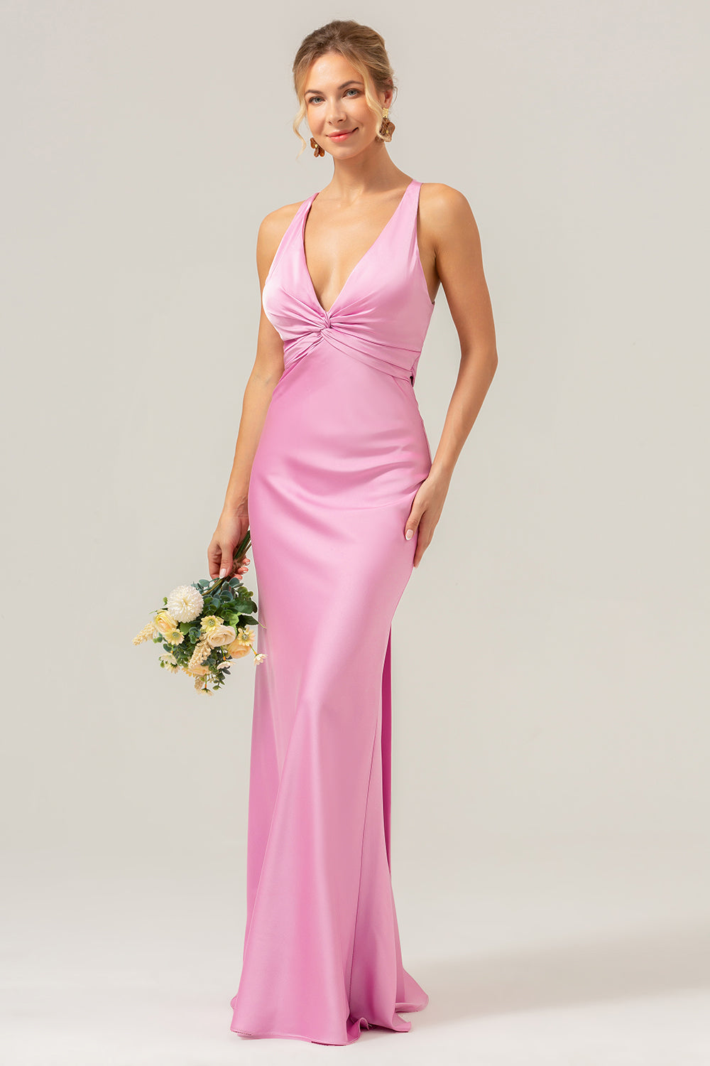 Pink V-Neck Mermaid Satin Long Bridesmaid Dress