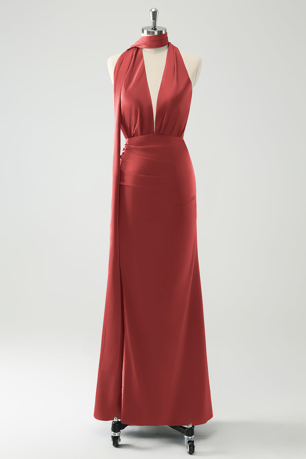 Terracotta Sheath V-Neck Backless Wedding Guest Dress with Slit