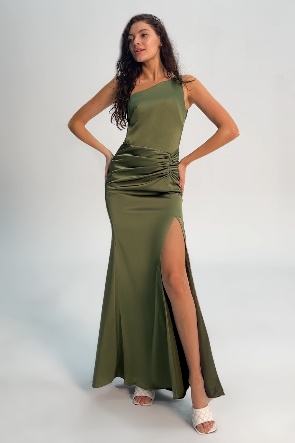 Olive One Shoulder Mermaid Long Bridesmaid Dress with Slit