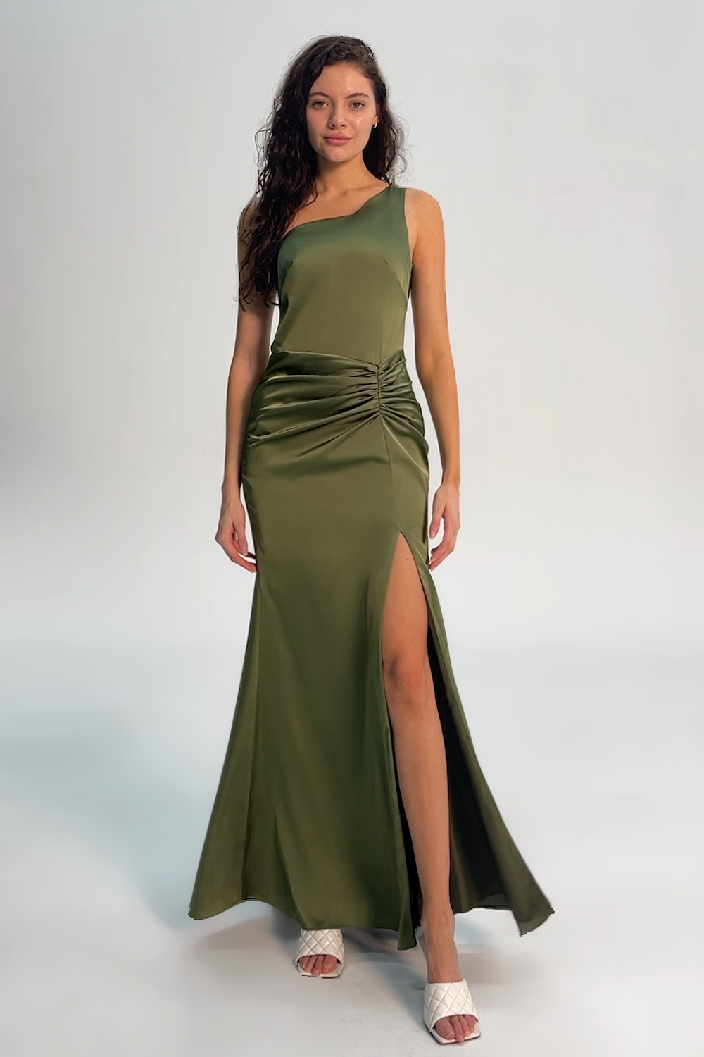 Olive One Shoulder Mermaid Long Bridesmaid Dress with Slit