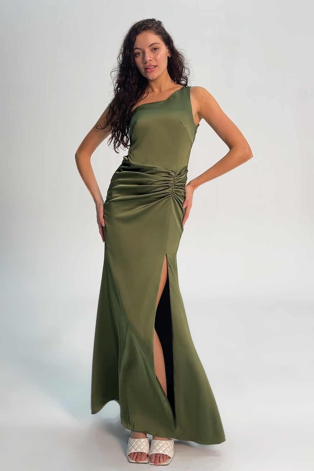 Olive One Shoulder Mermaid Long Bridesmaid Dress with Slit