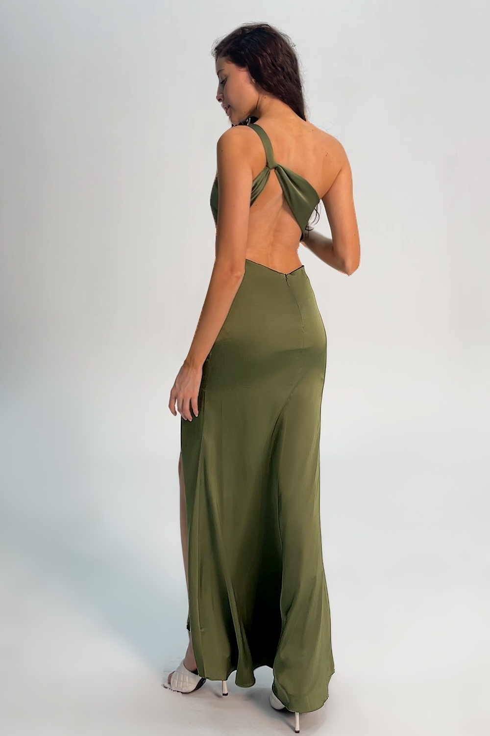 Olive One Shoulder Mermaid Long Bridesmaid Dress with Slit