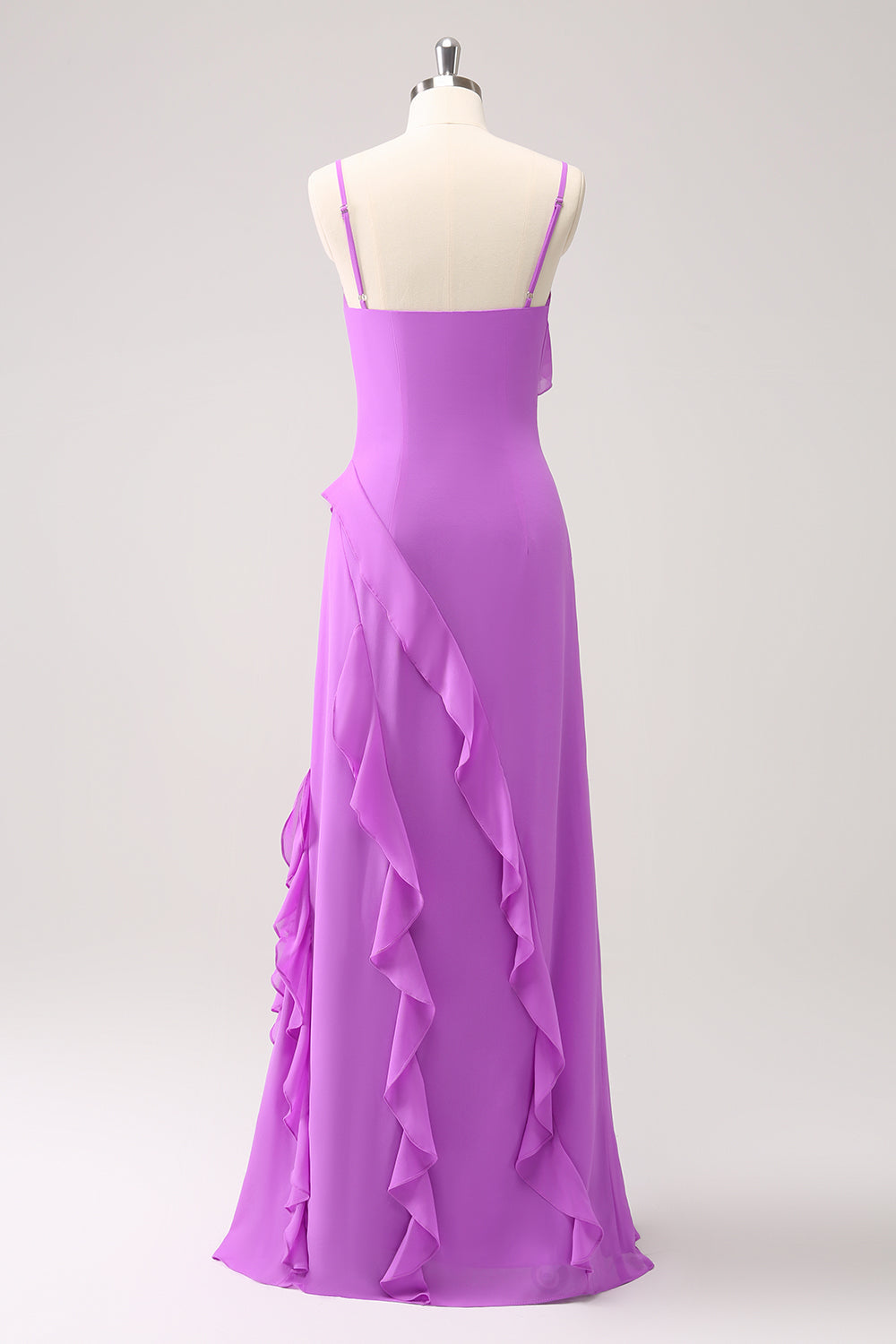 Tahiti Ruffled Spaghetti Straps Chiffon Long Bridesmaid Dress with Slit