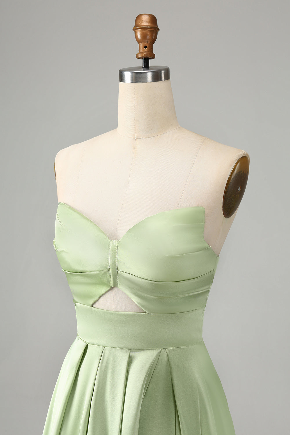 Green A Line Pleated Strapless Keyhole Bridesmaid Dress With Slit