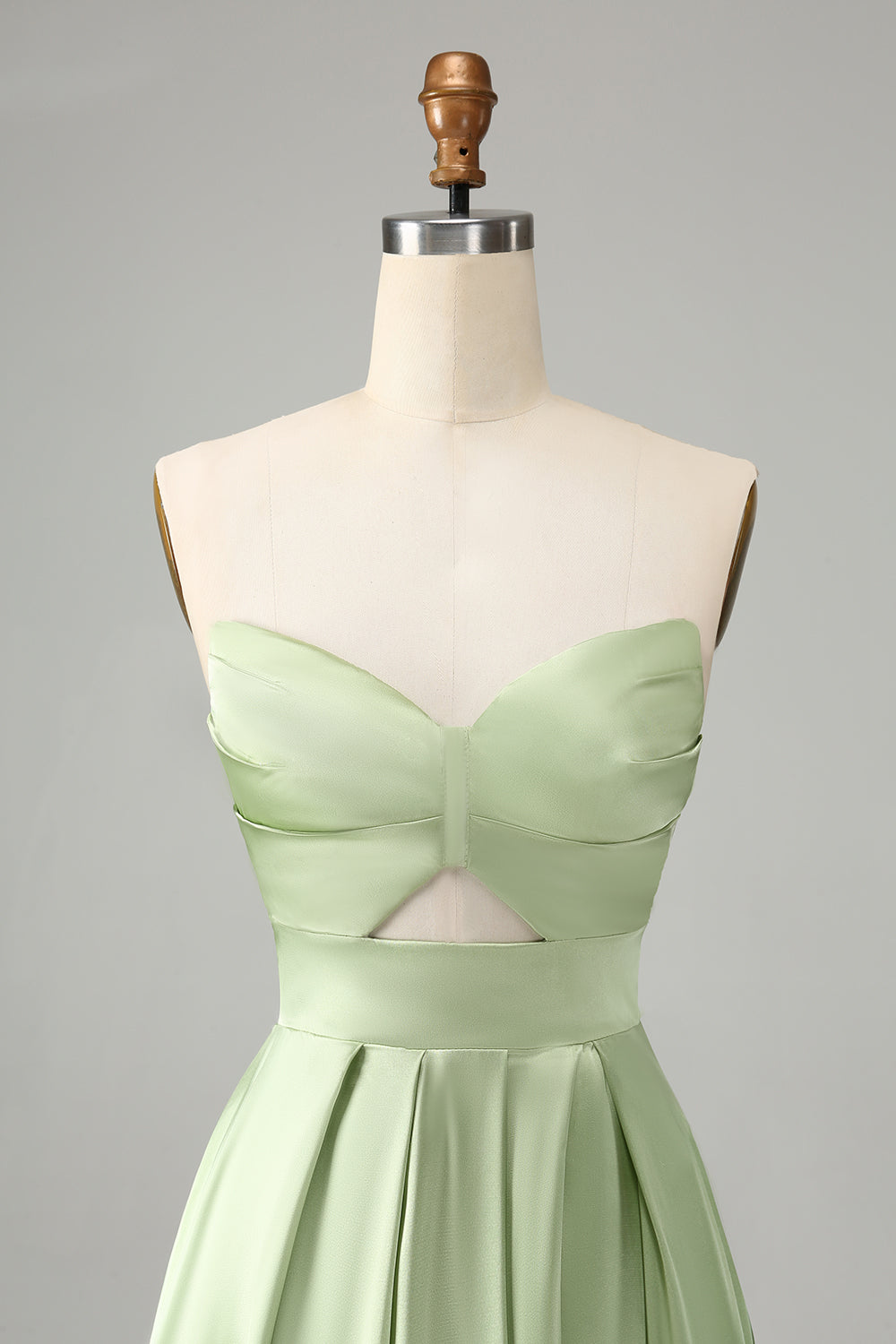 Green A Line Pleated Strapless Keyhole Bridesmaid Dress With Slit