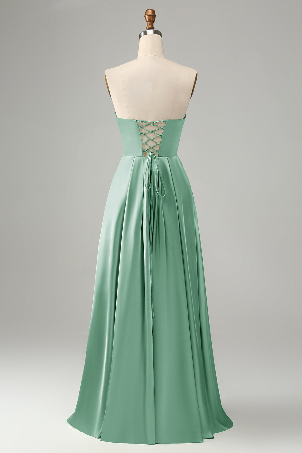 Green A Line Pleated Strapless Keyhole Bridesmaid Dress With Slit