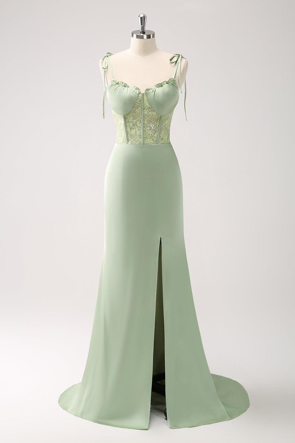 Green Mermaid Spaghetti Straps Satin Long Bridesmaid Dress with Slit