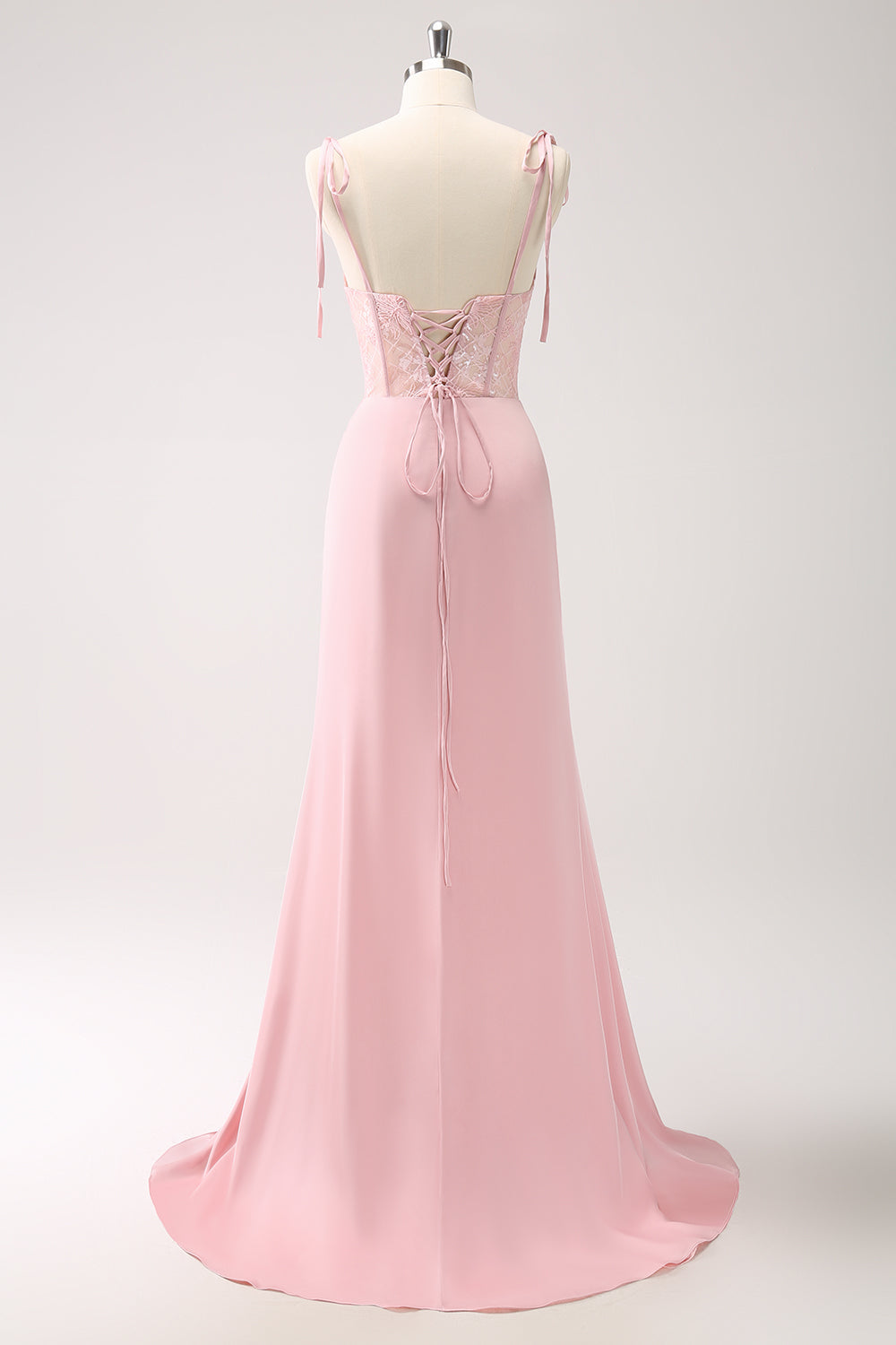 Pink Lace Corset Long Bridesmaid Dress with Slit