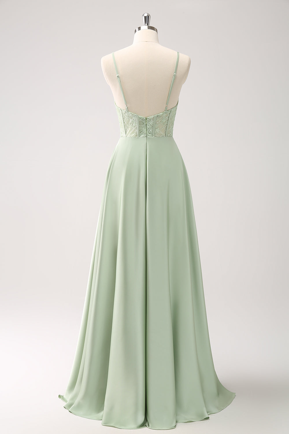 Green Spaghetti Straps A-Line Satin Long Corset Bridesmaid Dress with Slit