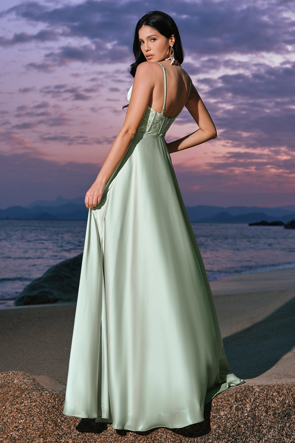 Satin Green A-Line Corset Bridesmaid Dress with Slit