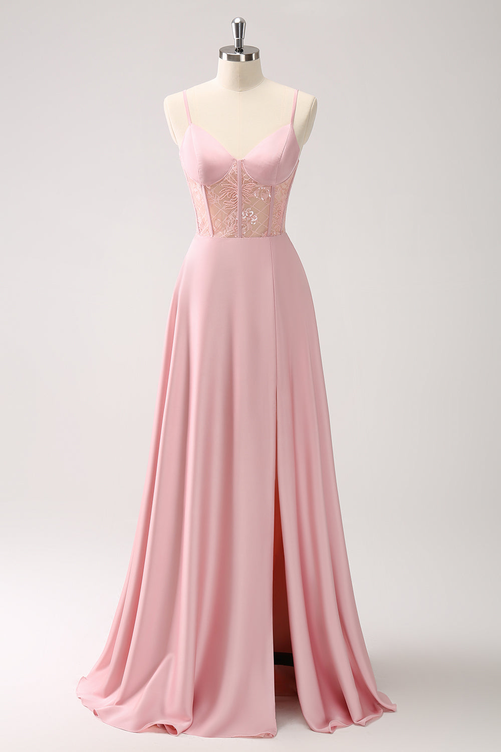 Pink Corset Satin Lace Long Bridesmaid Dress with Slit