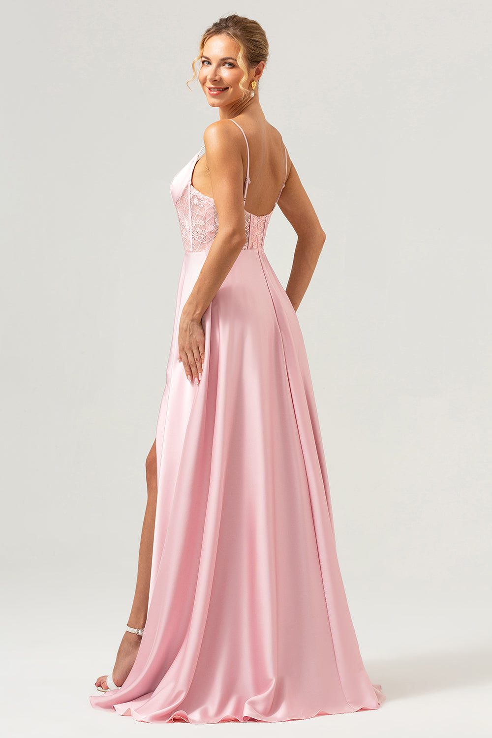 Pink Corset Satin Lace Long Bridesmaid Dress with Slit