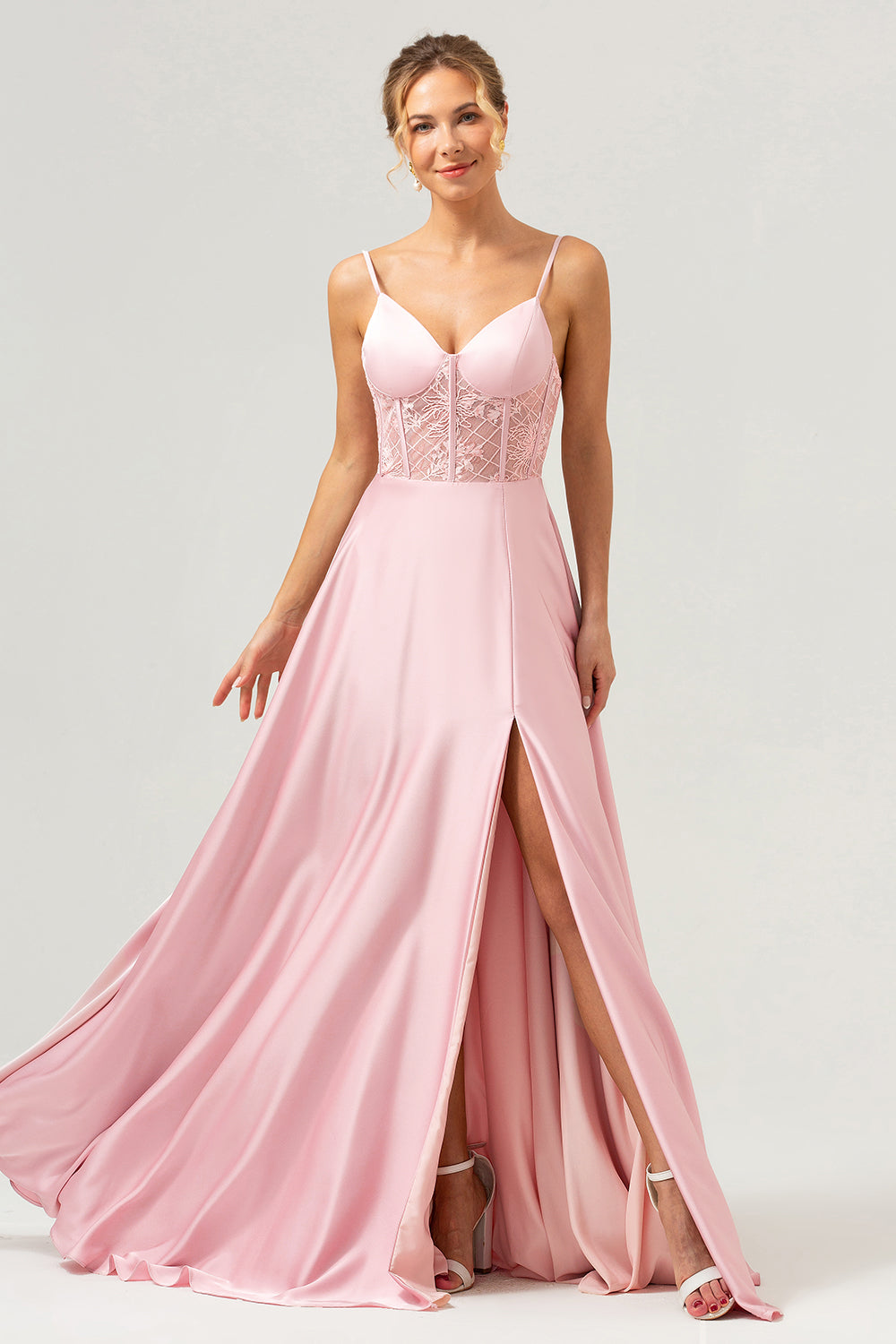 Pink Corset Satin Lace Long Bridesmaid Dress with Slit