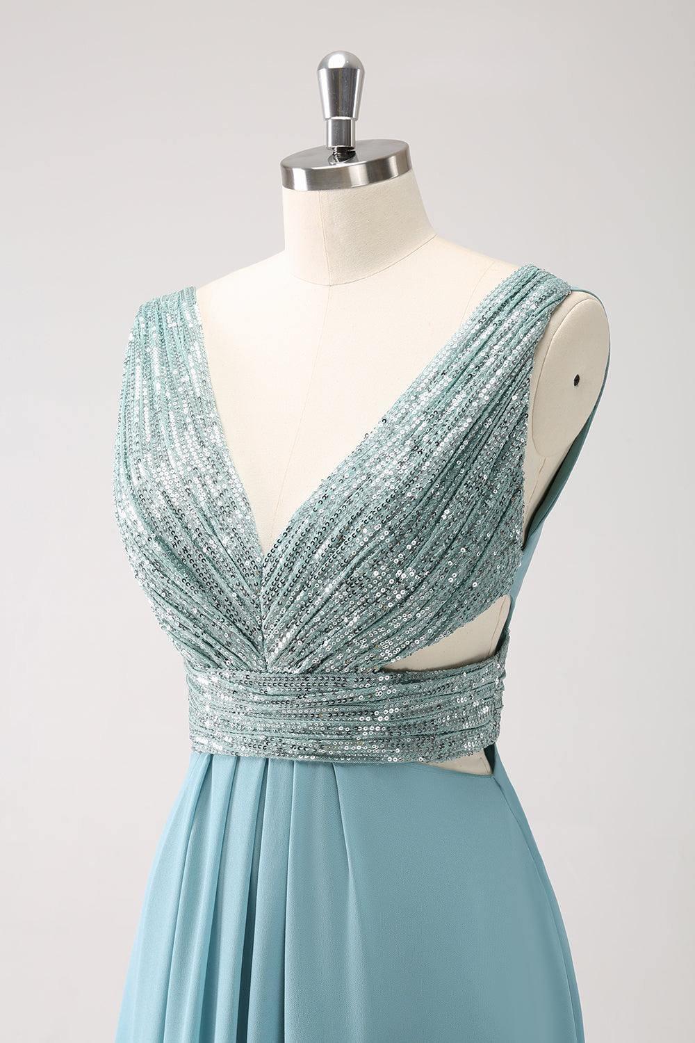 Grey Green V Neck A-Line Sequins Chiffon Long Bridesmaid Dress