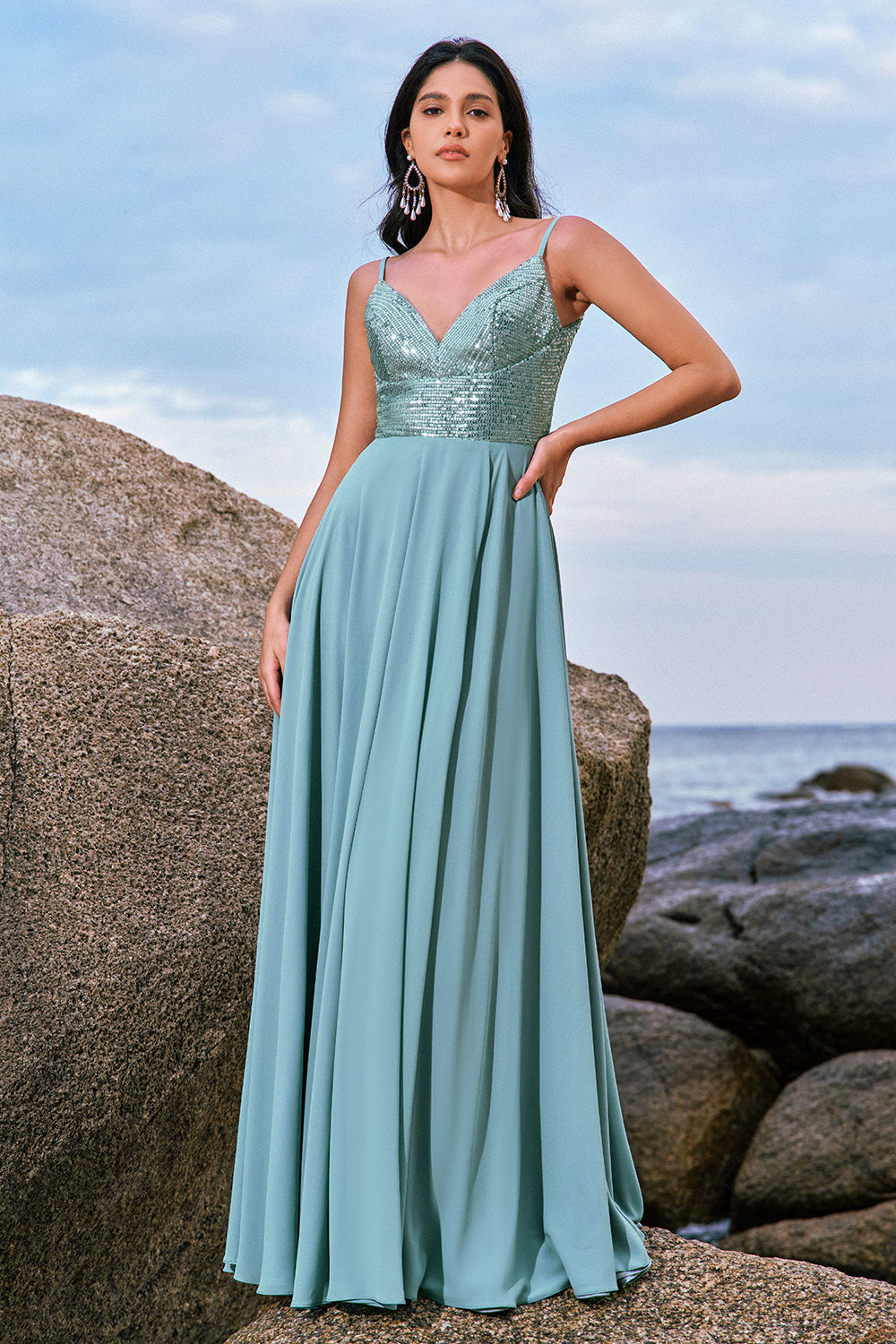 Spaghetti Straps Grey Green A-Line Chiffon Bridesmaid Dress with Slit