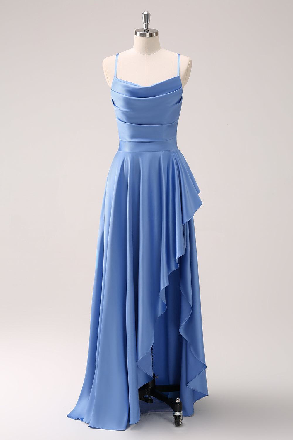 Blue Cowl Neck Satin Asymmetrical Bridesmaid Dress with Slit