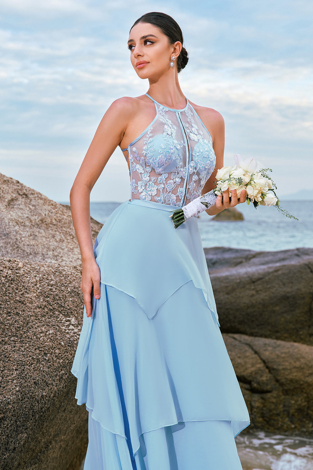 Blue Ruffled Floral Long Bridesmaid Dress with Lace Up Back