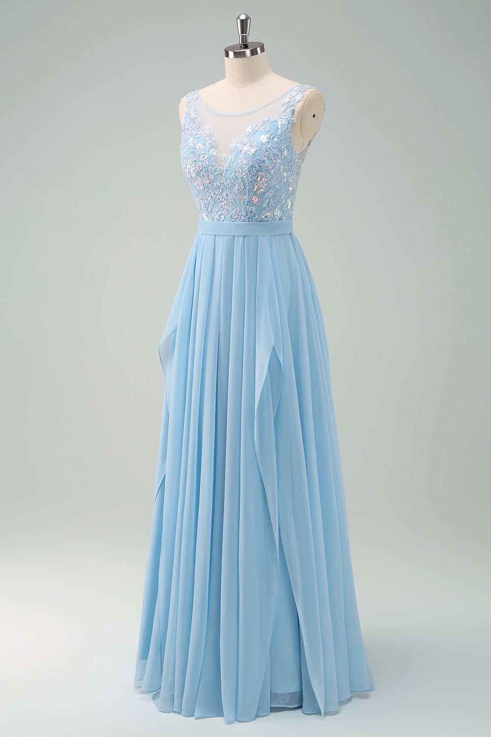 Sparkly Sky Blue Bateau Neck Pleated Long Bridesmaid Dress