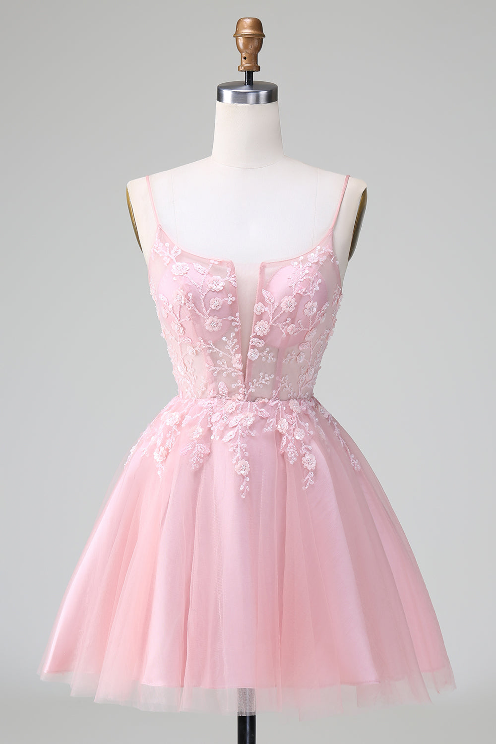 Princess Blush A Line Spaghetti Straps Tulle Short Homecoming Dress with Appliques