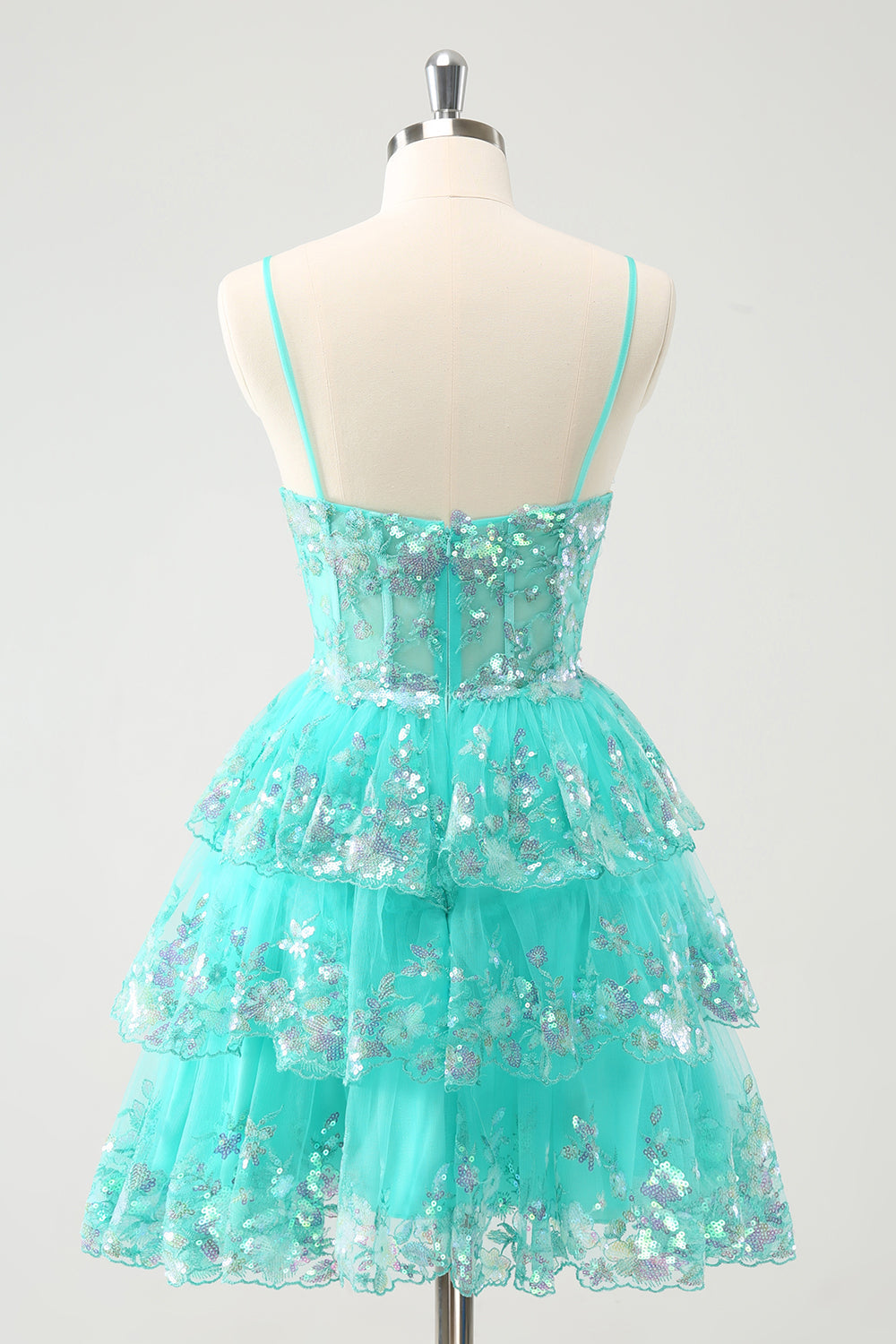 Cute Sparkly A-Line Green Spaghetti Straps Tiered Homecoming Dress with Sequins