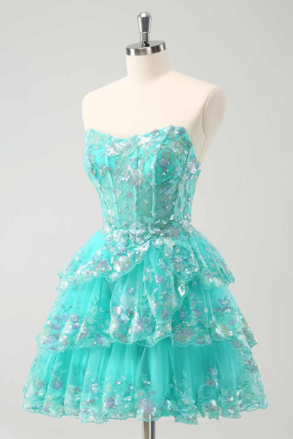 Cute Glitter Green A Line Strapless Sequined Tiered Corset Homecoming Dress