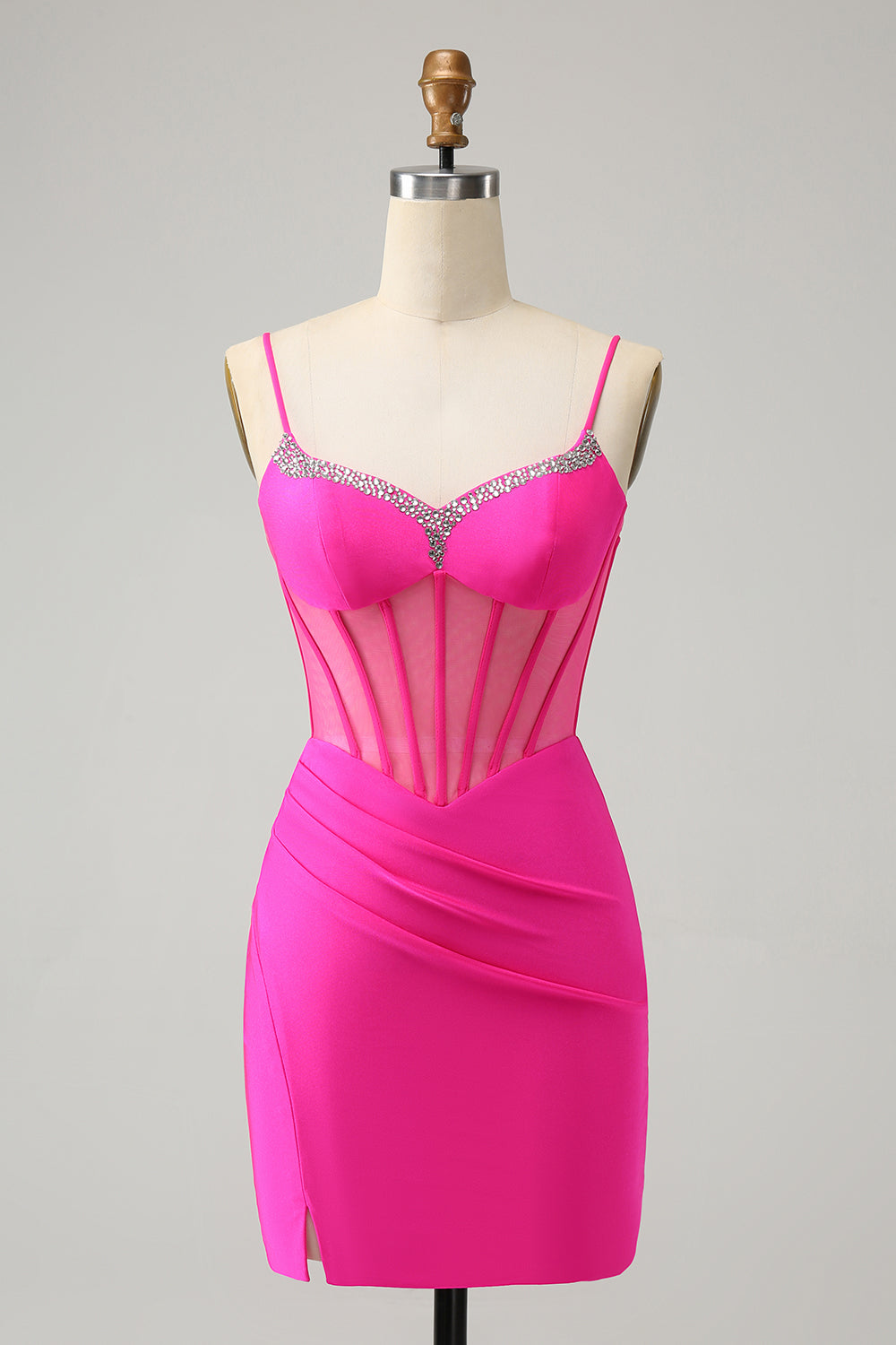 Unique Sparkly Fuchsia Beaded Tight Corset Short Homecoming Dress with Slit