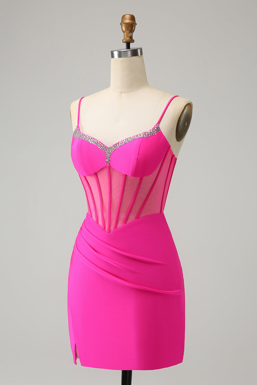 Unique Sparkly Fuchsia Beaded Tight Corset Short Homecoming Dress with Slit