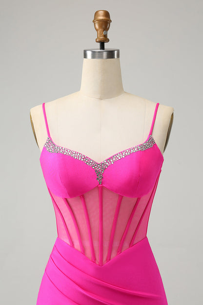 Unique Sparkly Fuchsia Beaded Tight Corset Short Homecoming Dress with Slit