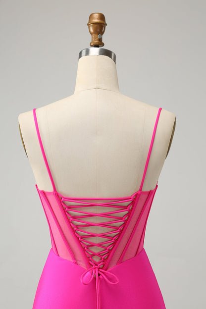 Unique Sparkly Fuchsia Beaded Tight Corset Short Homecoming Dress with Slit