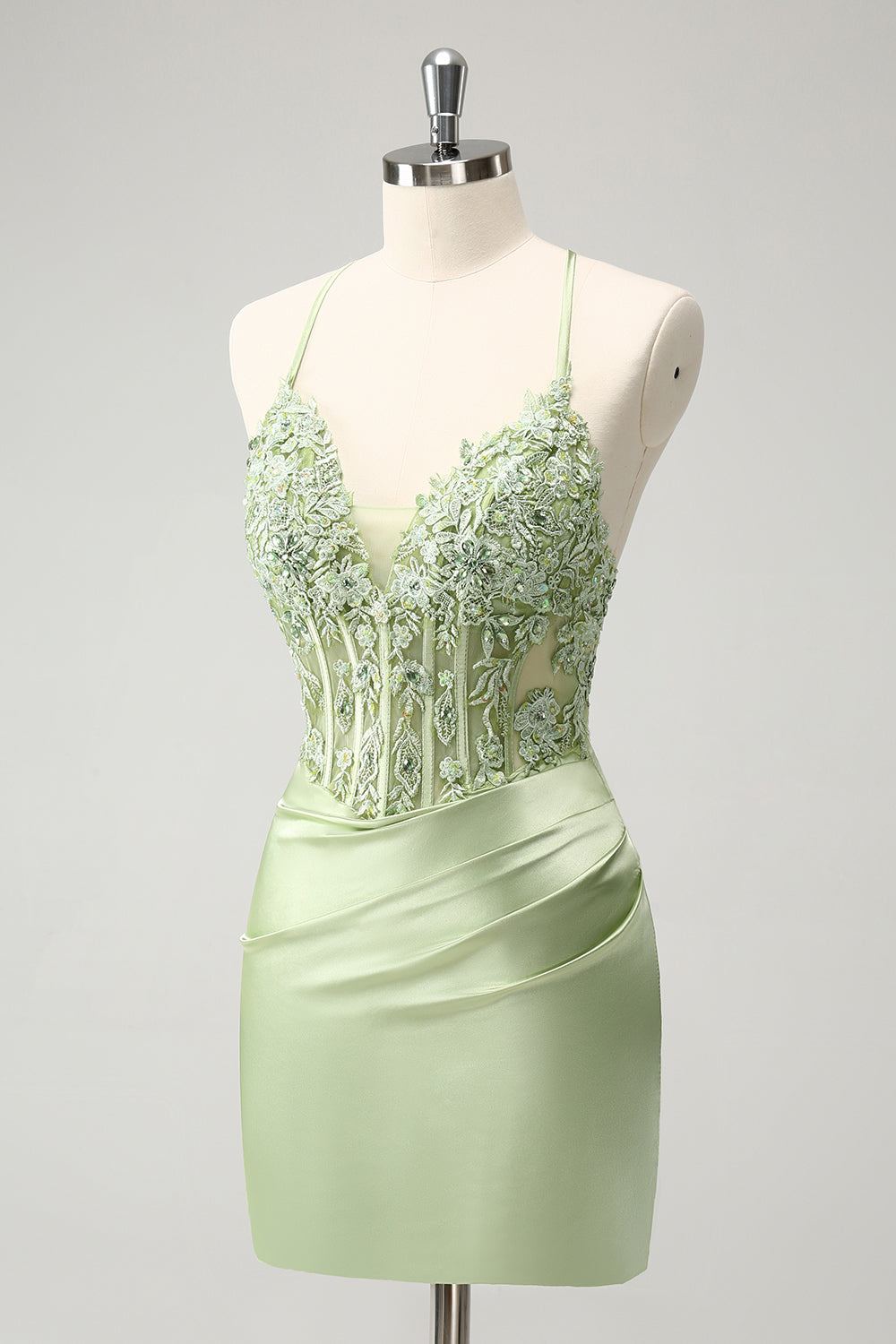 Glitter Green Spaghetti Straps Beaded Appliques Tight Corset Homecoming Dress