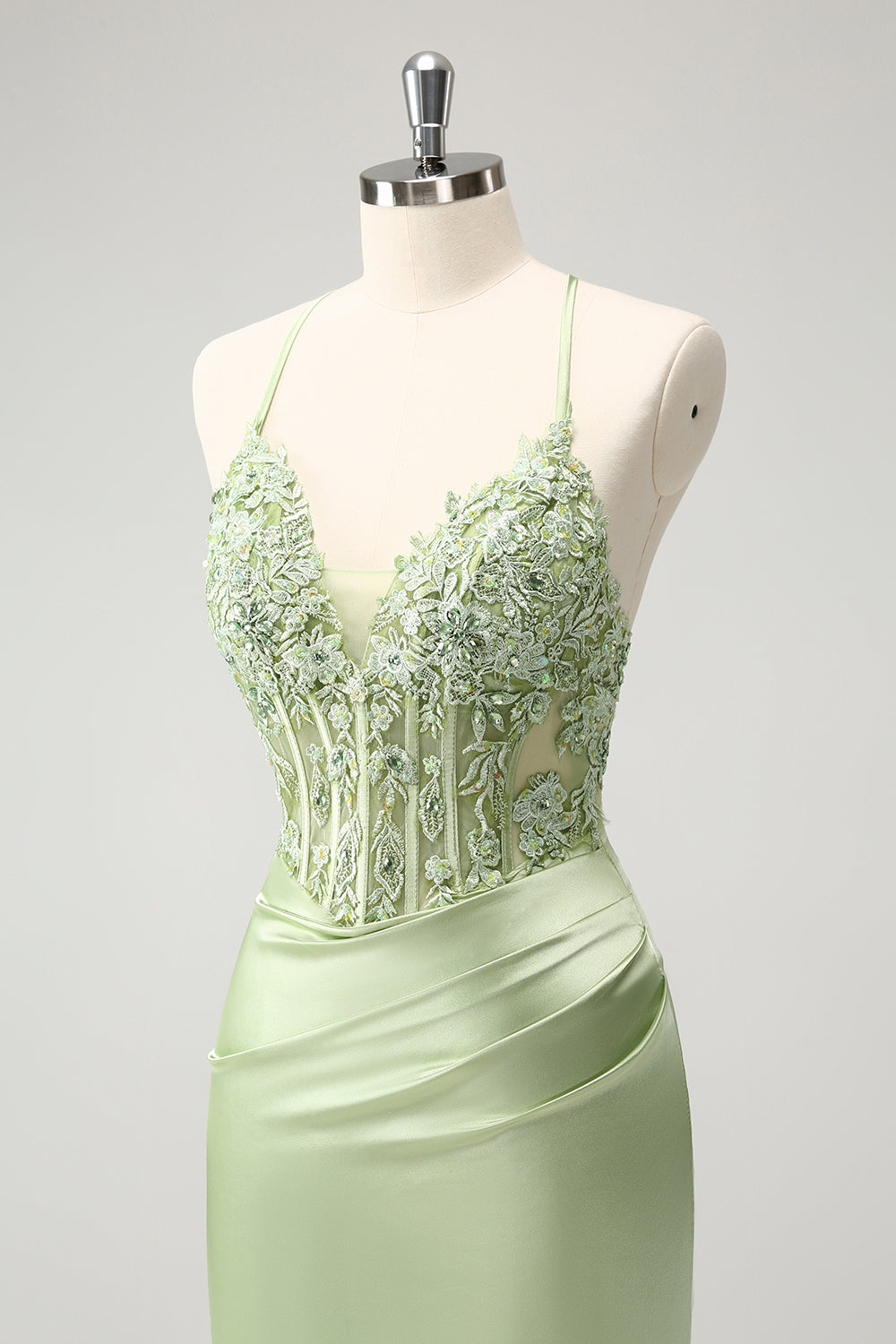 Glitter Green Spaghetti Straps Beaded Appliques Tight Corset Homecoming Dress