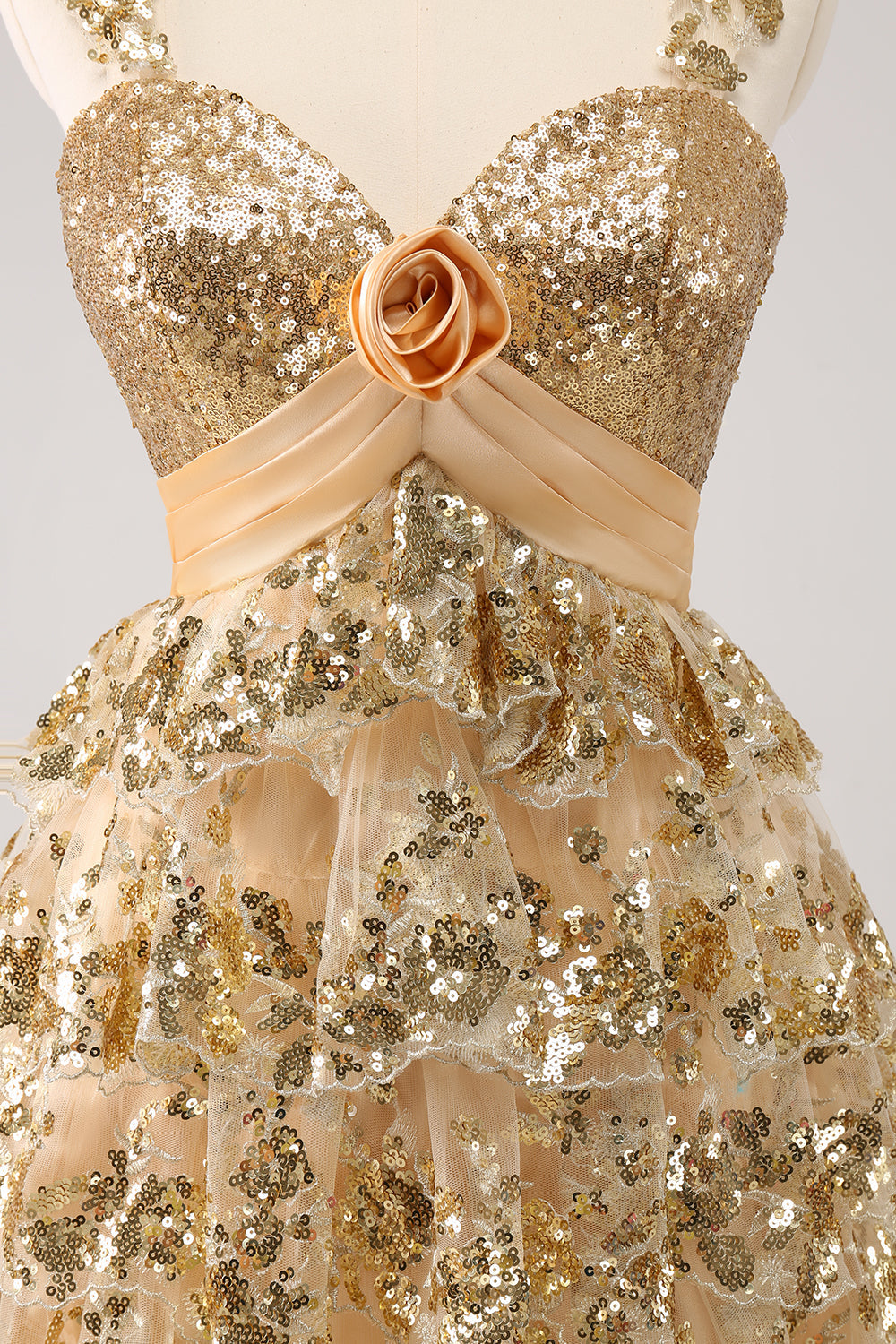 Golden A-Line Spaghetti Straps Sequined Homecoming Dress with Flower