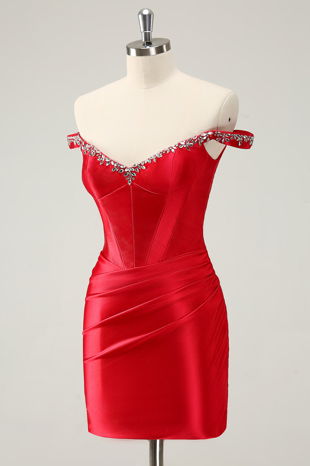 Glitter Red Beaded Off the Shoulder Satin Tight Homecoming Dress