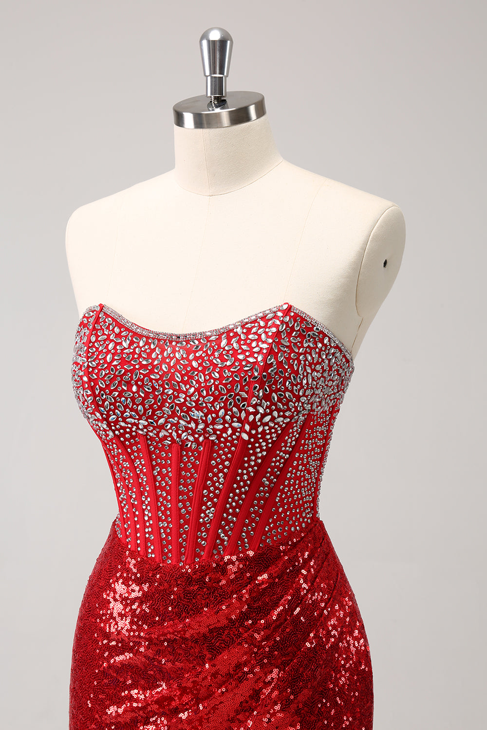 Sparkly Red Strapless Corset Sequined Beaded Tight Homecoming Dress with Slit