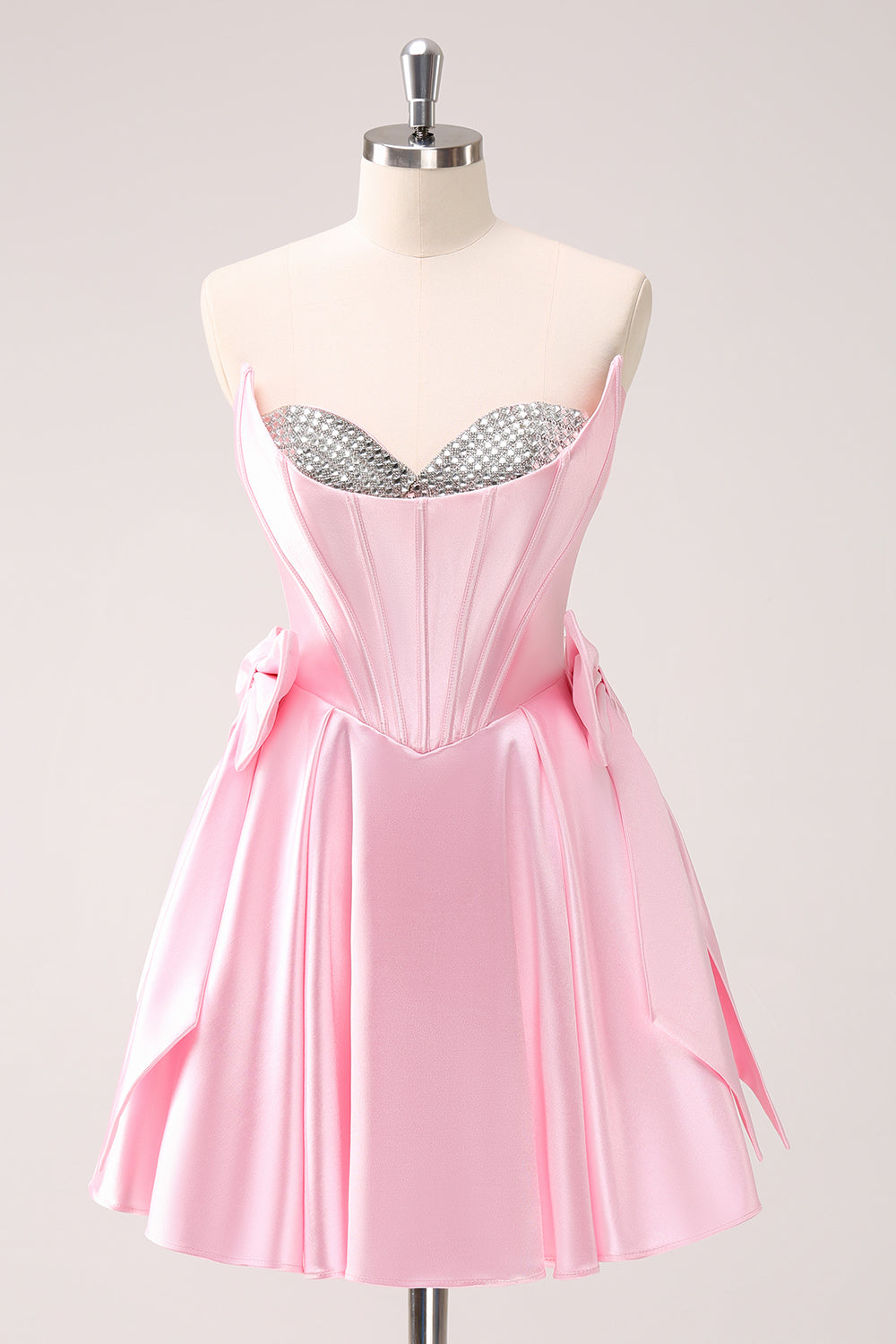 Pink A Line Strapless Corset Beaded Homecoming Dress with Bows