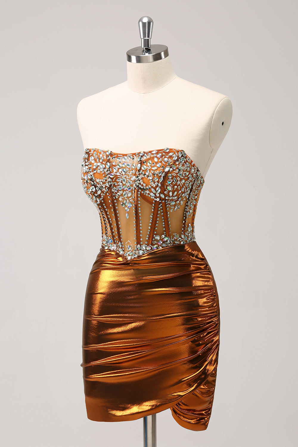 Glitter Beaded Copper Corset Pleated Strapless Short Tight Homecoming Dress