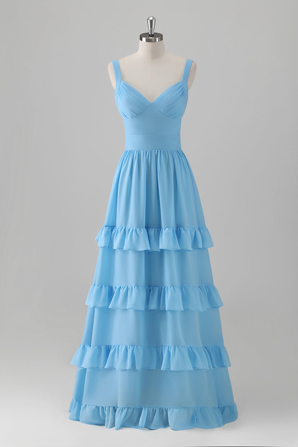 Blue Ruffled A-Line Long Bridesmaid Dress