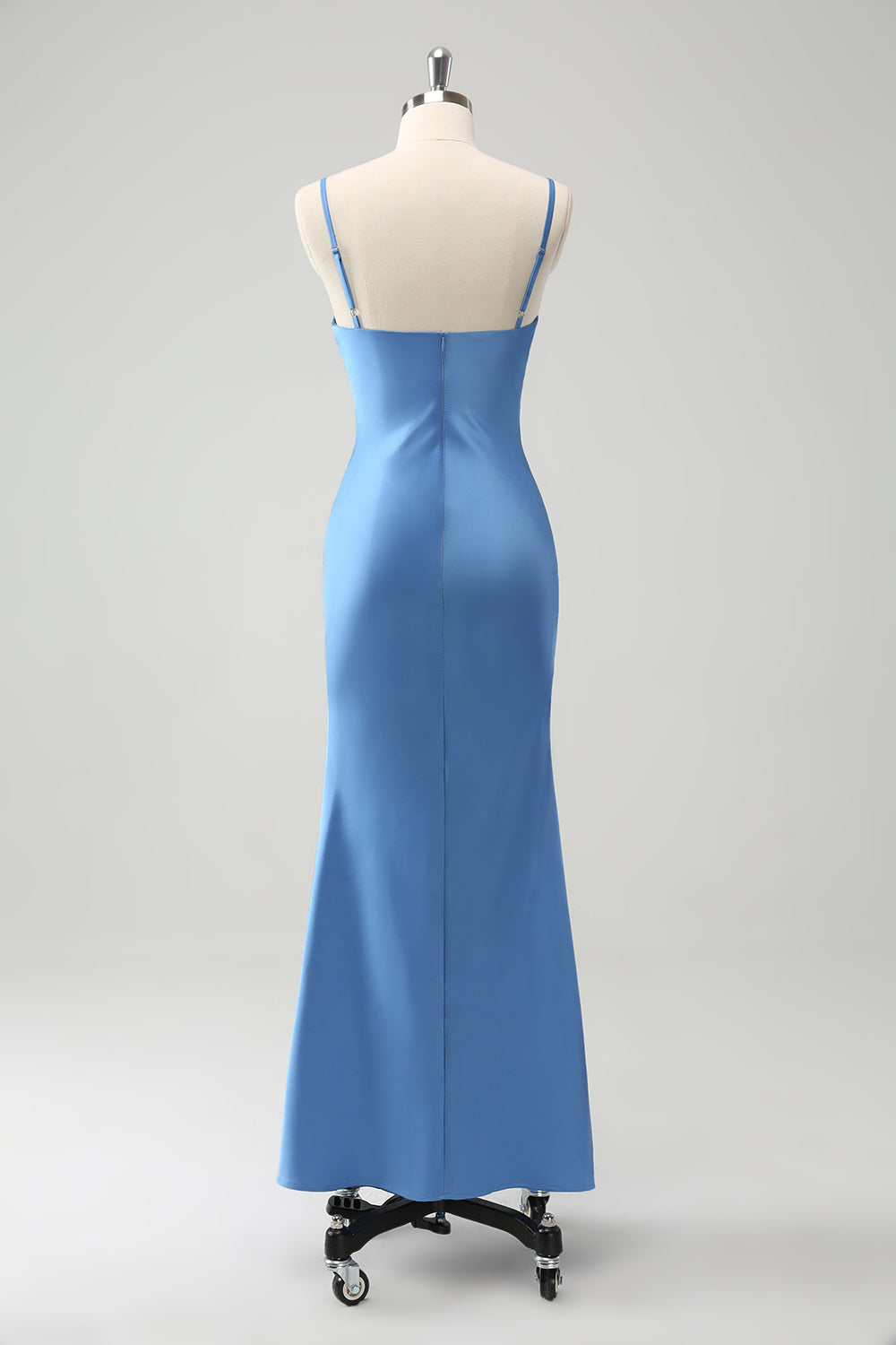 Blue Mermaid Bowknot Spaghetti Straps Bridesmaid Dress with Slit