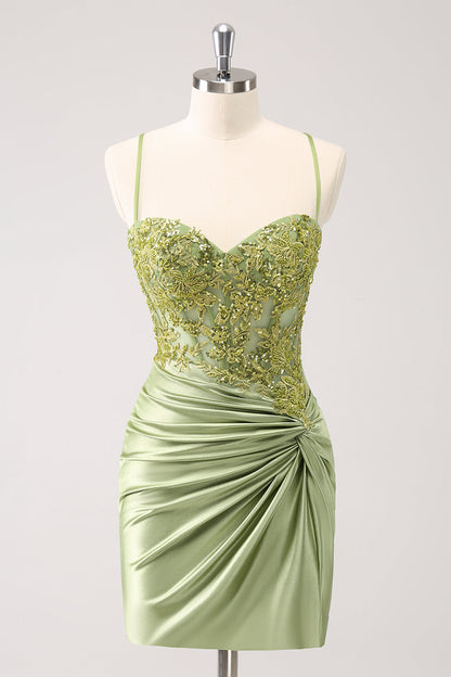 Sparkly Army Green Floral Tight Short Homecoming Dress