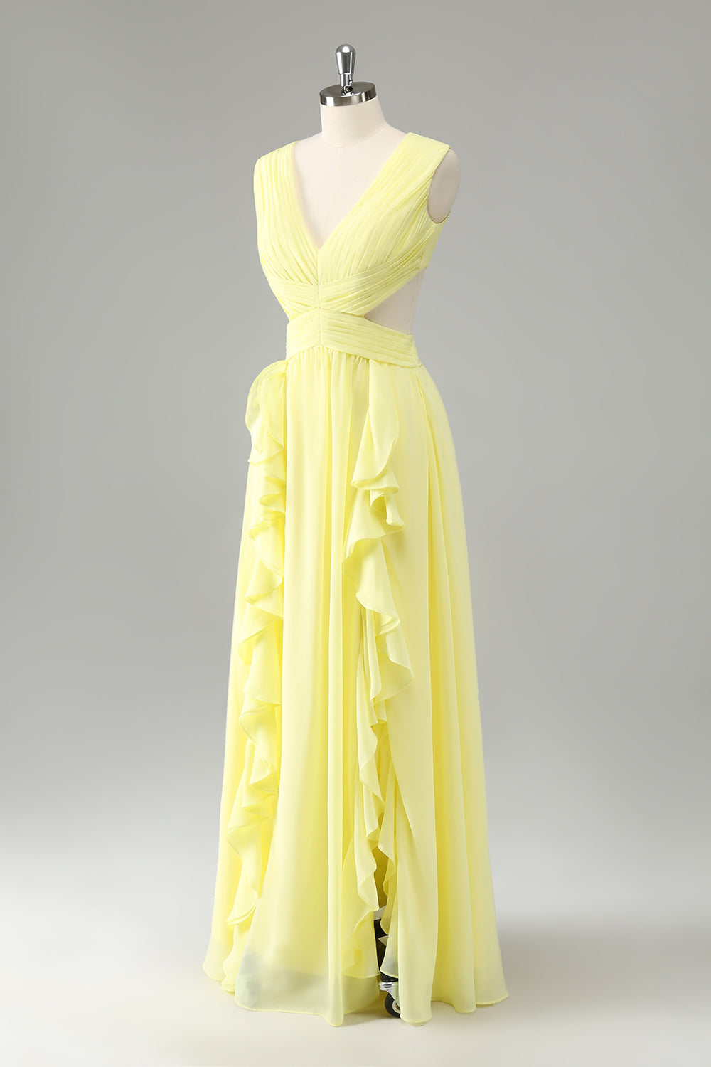 Lemon Yellow A Line Cut Out Long Bridesmaid Dress with Ruffles