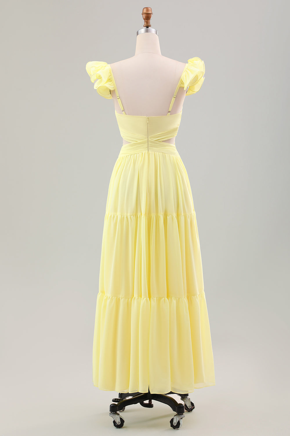 Simple Lemon Yellow A Line Pleated Wedding Party Guest Dress with Ruffles