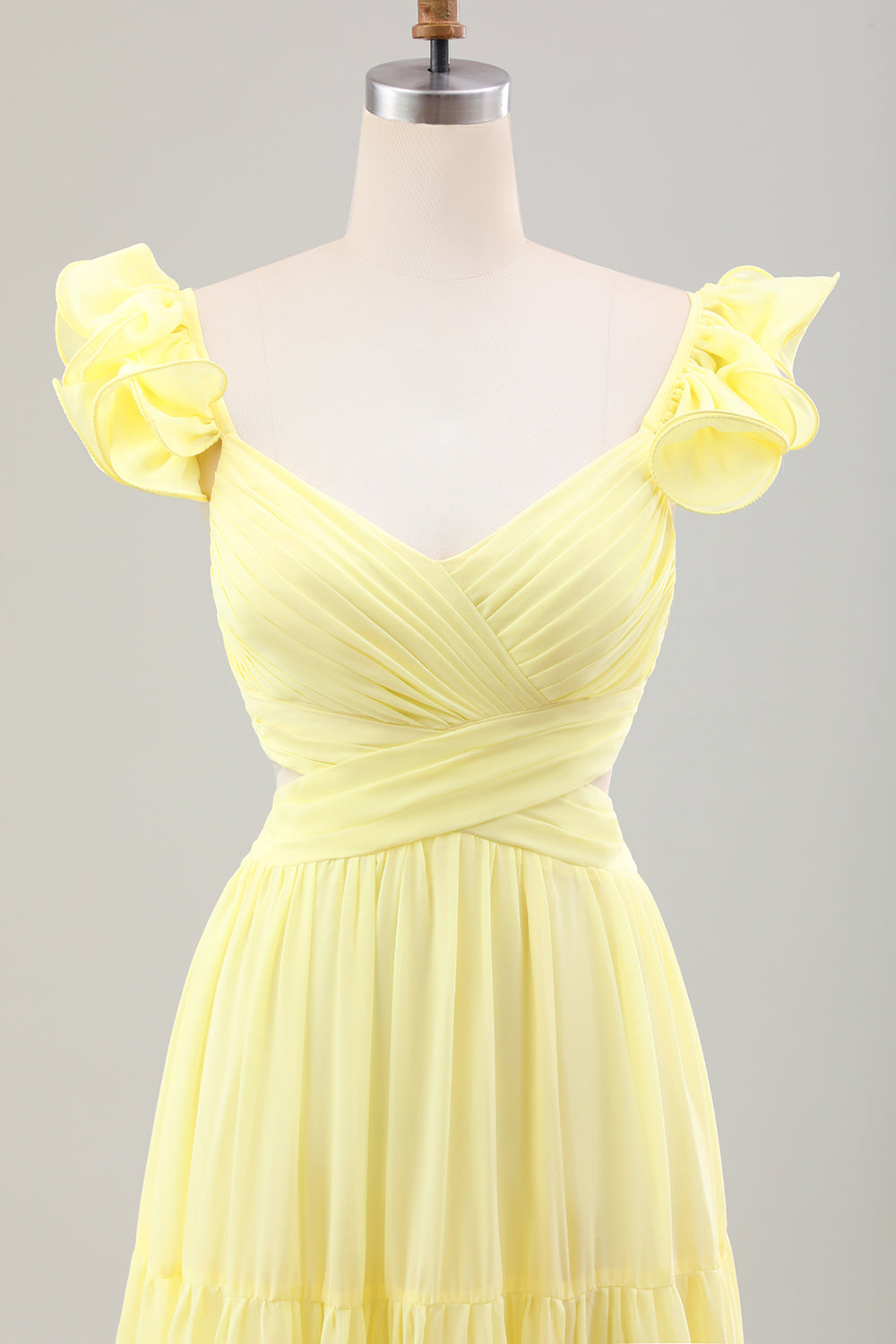 Simple Lemon Yellow A Line Pleated Ruffled Wedding Guest Dress