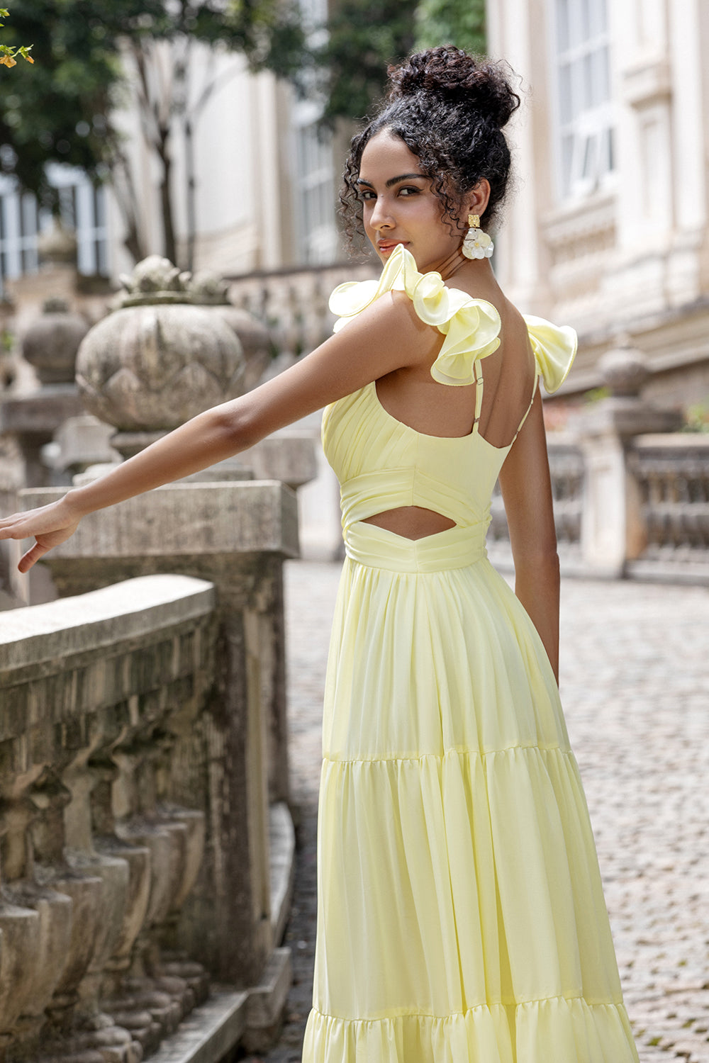 Simple Lemon Yellow A Line Pleated Wedding Party Guest Dress with Ruffles