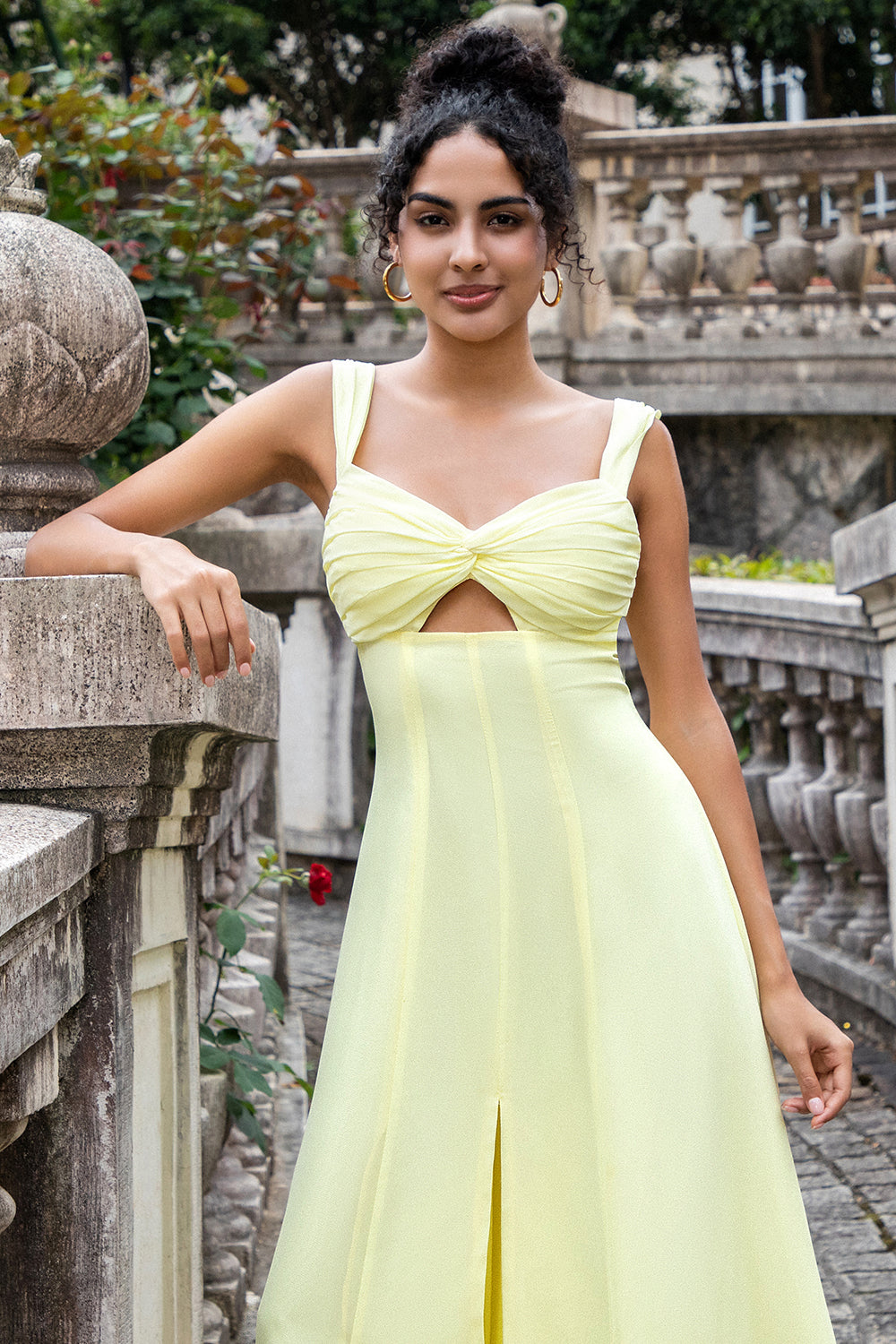 Lemon Yellow A Line Keyhole Long Bridesmaid Dress with Slit