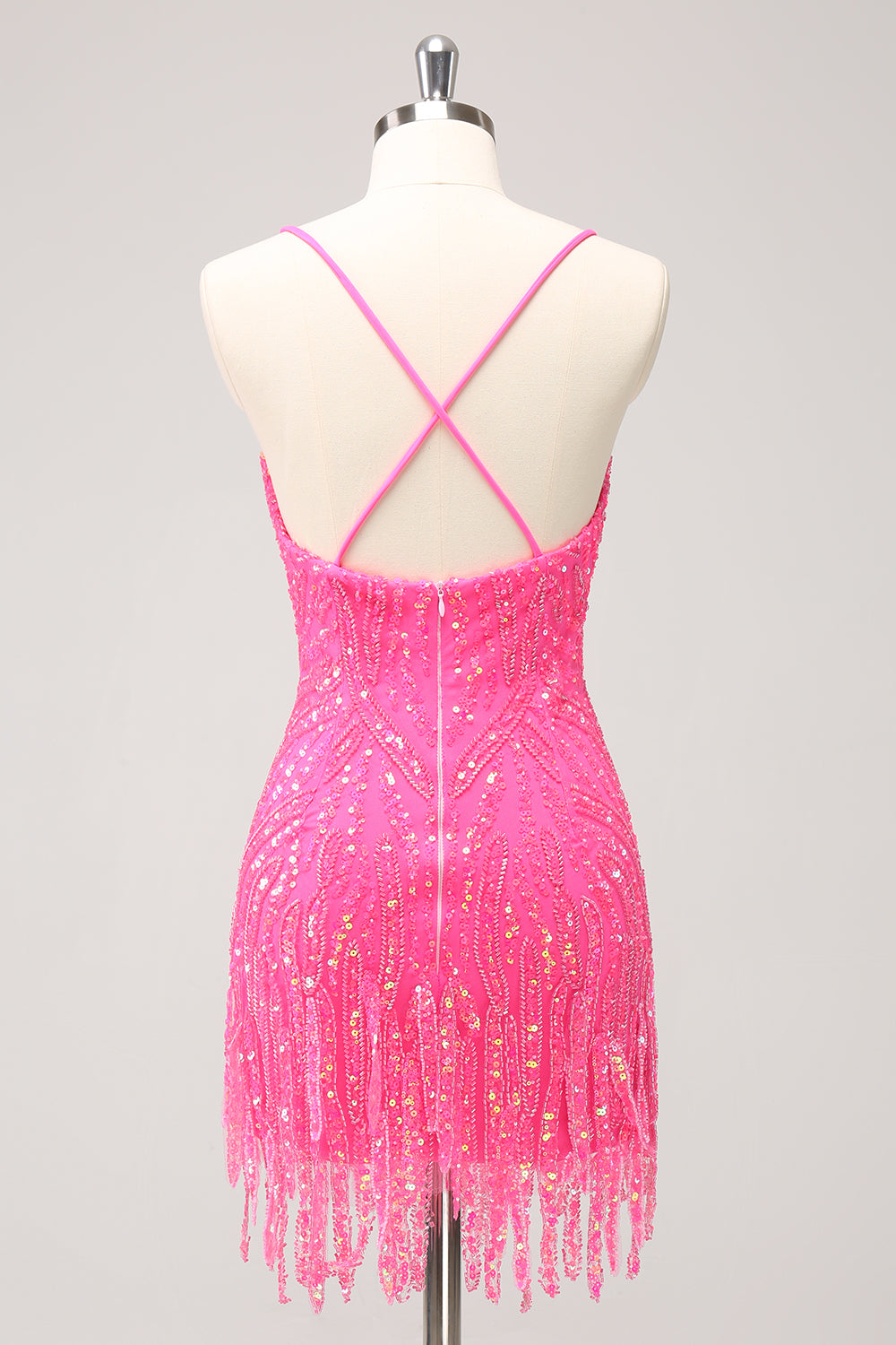 Sparkly Hot Pink Tight Short V-Neck Homecoming Dress with Fringes