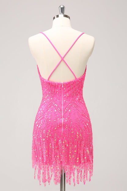 Sparkly Hot Pink Tight Short V-Neck Homecoming Dress with Fringes