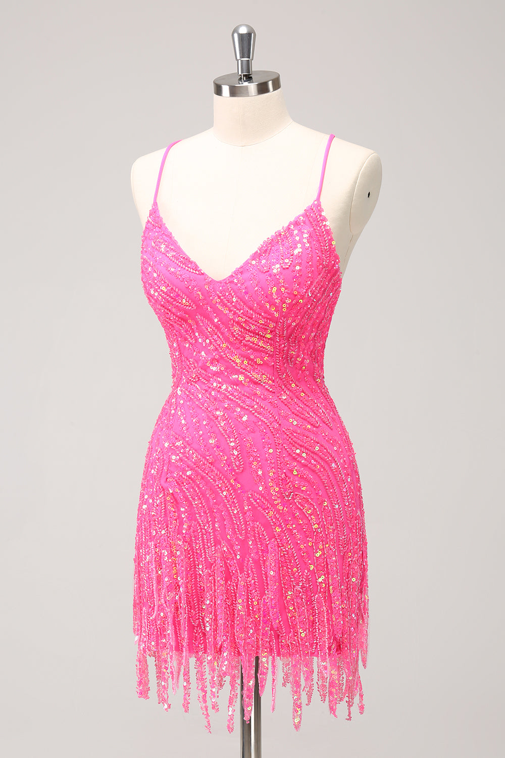 Sparkly Hot Pink Tight Short V-Neck Homecoming Dress with Fringes