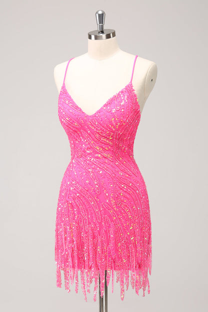 Sparkly Hot Pink Tight Short V-Neck Homecoming Dress with Fringes