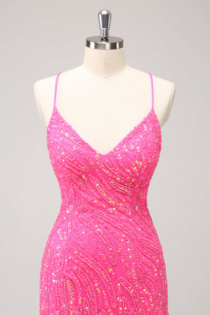 Sparkly Hot Pink Tight Short V-Neck Homecoming Dress with Fringes