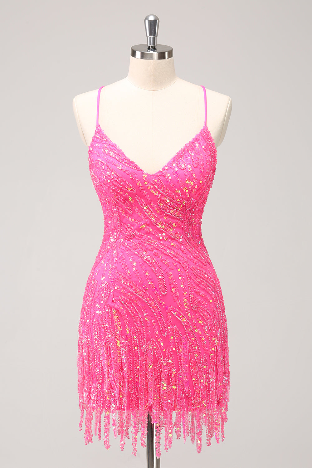 Sparkly Hot Pink Sequins V Neck Tight Homecoming Dress with Fringes